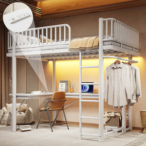 Full Loft Bed with L-Shaped Desk and LED Light Strip