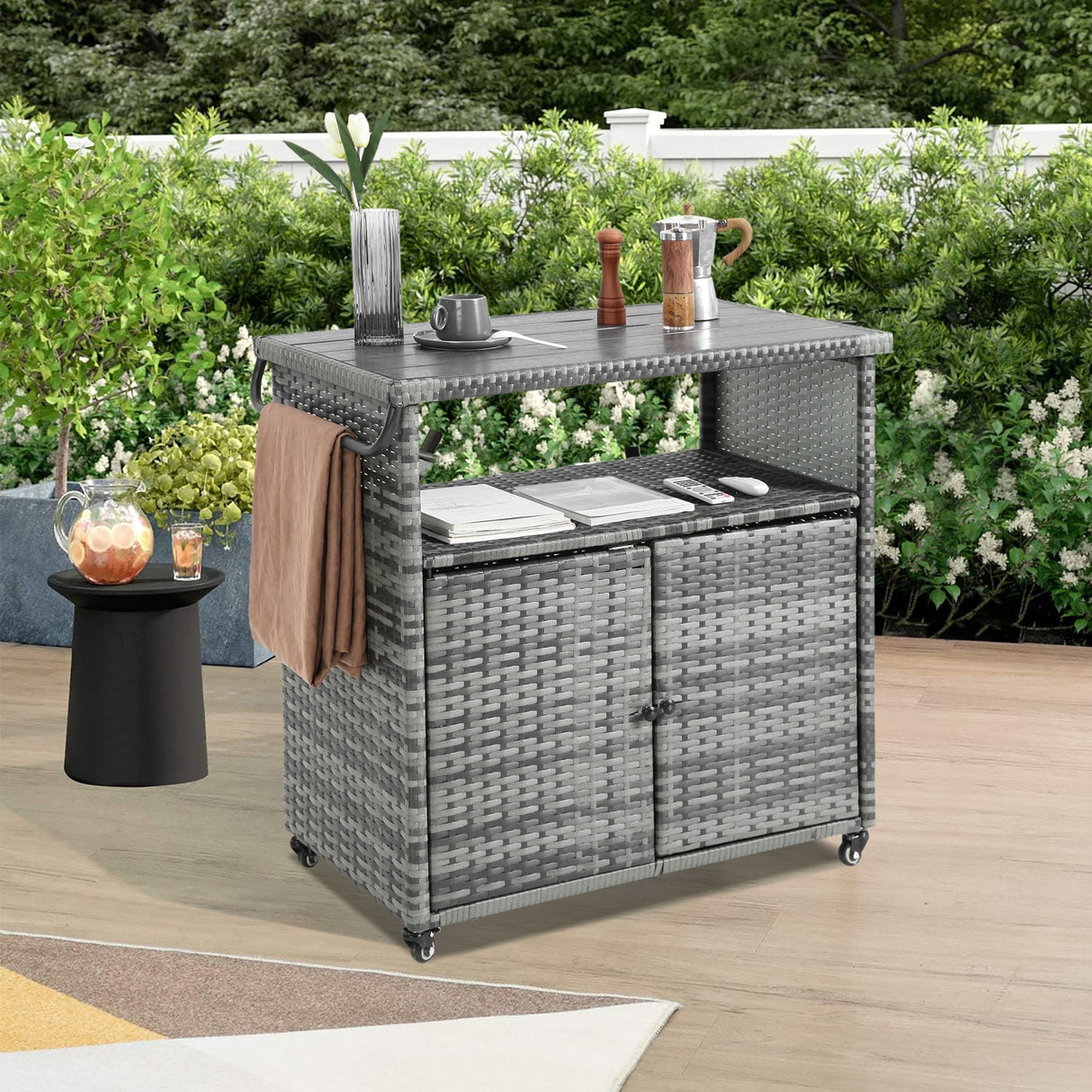 Outdoor Wicker Bar CartPatio Wine Serving Cart w/Wheels Rolling Rattan Beverage Bar Counter Table w/Glass Top for Porch Backyard Garden Poolside PartyLight brown