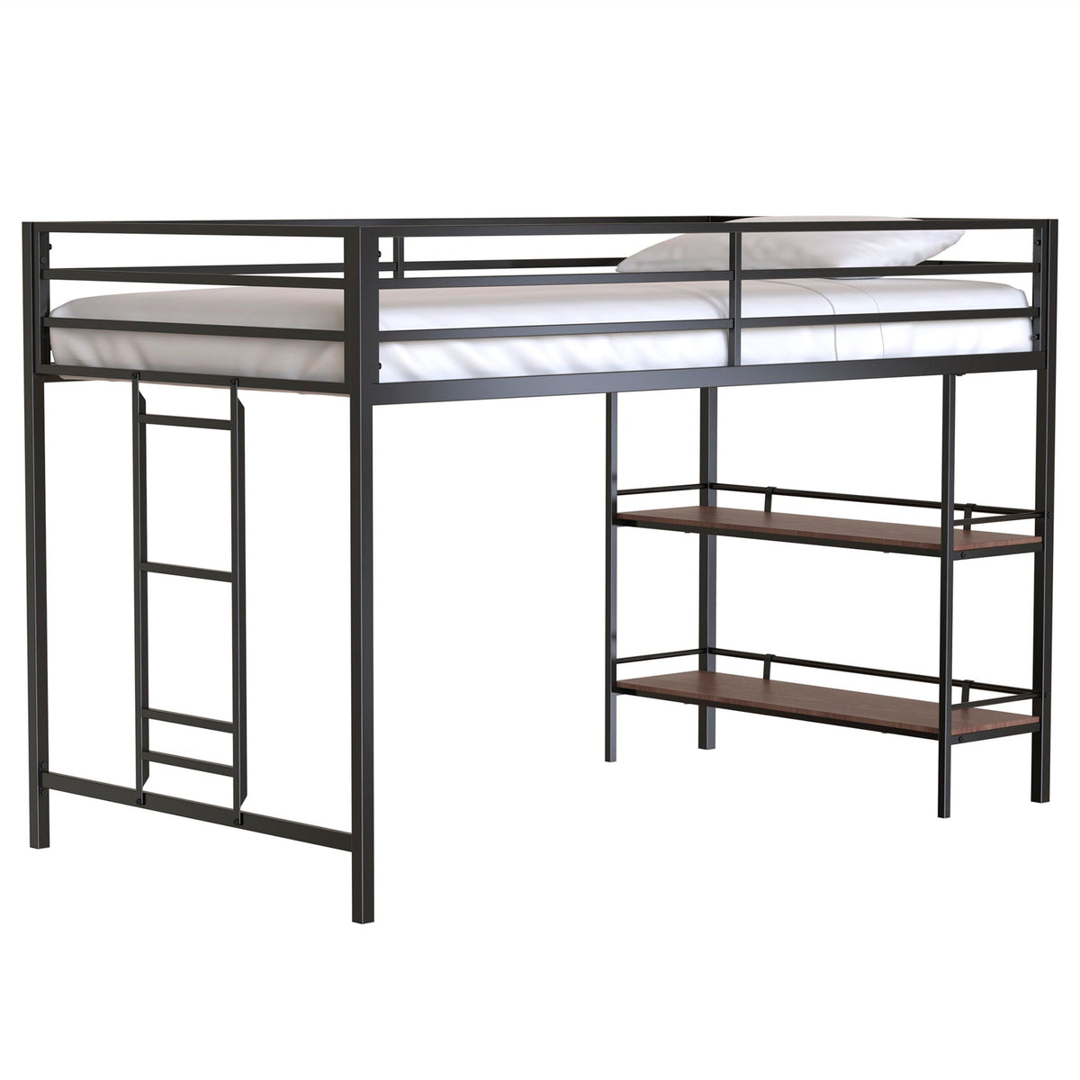 Adam - Twin Loft Bunk Bed With Cinnamon Wood Shelf - Black