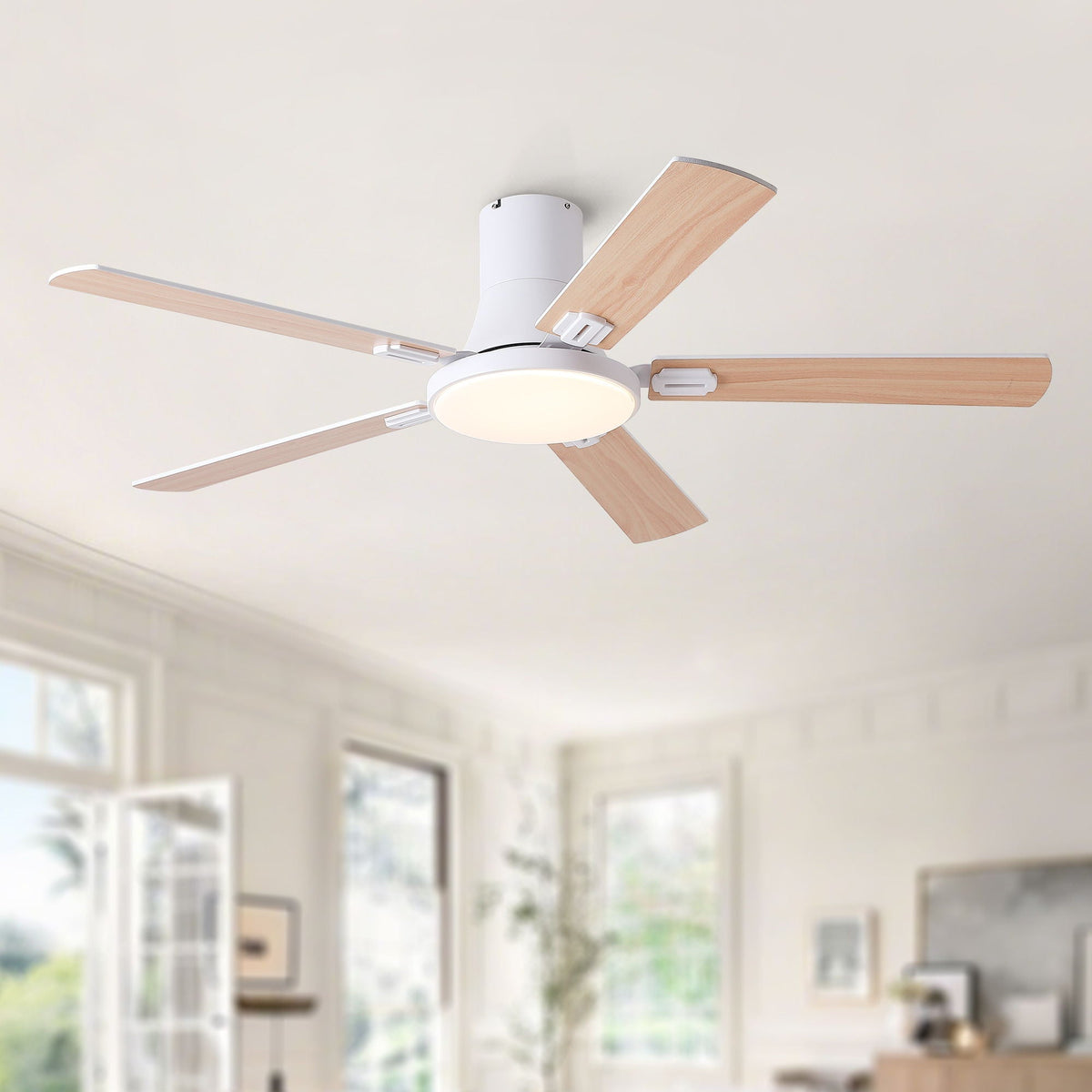 Flush Mount Ceiling Fans With LED Light And Remote Control, 5 Blades
