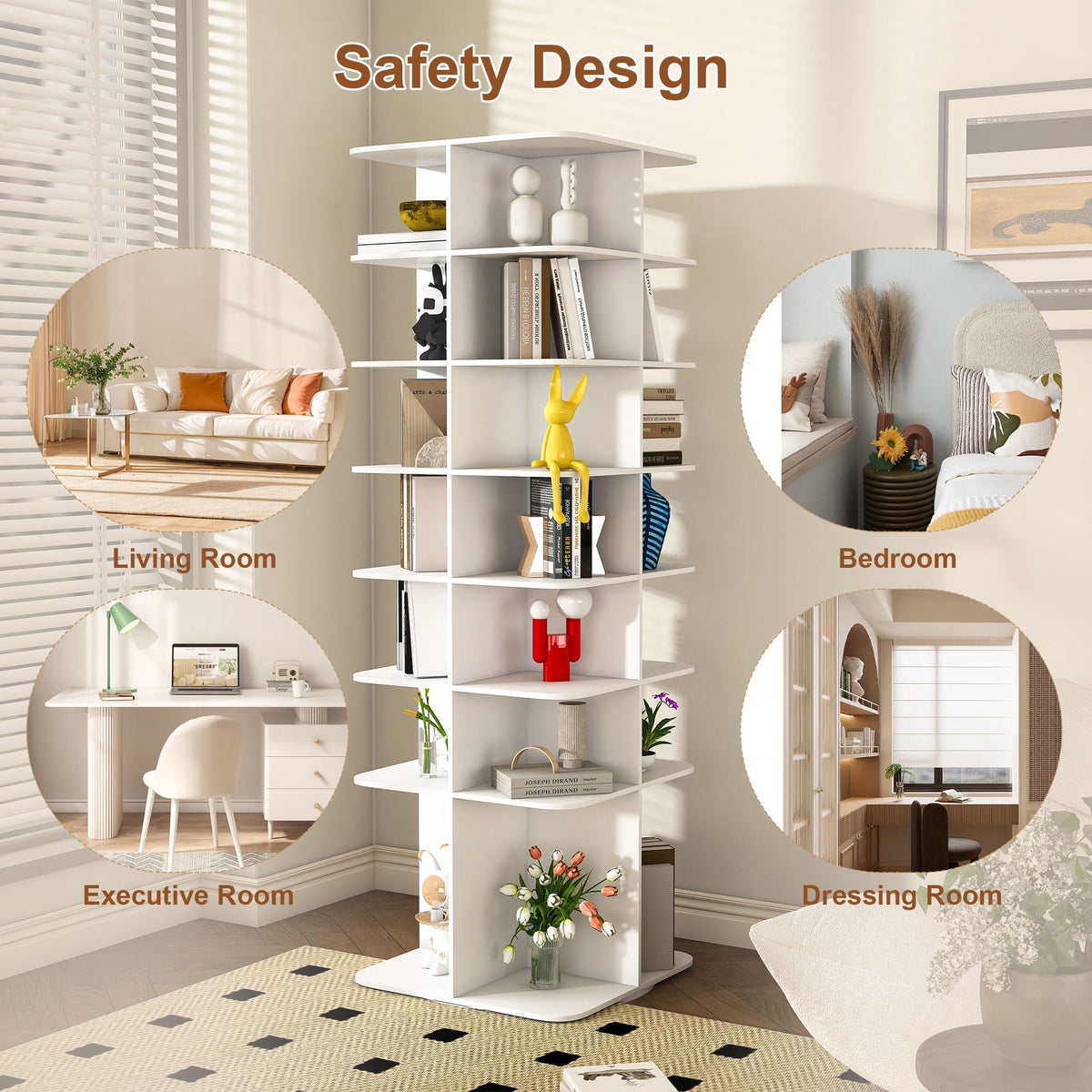 7 Tier Square Rotating Shoe Rack Tower with 360° Spinning Organizer - White