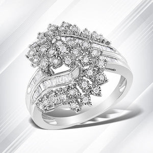 10K White Gold 1/2 Cttw Round and Baguette-Cut "S" Shaped Bypass Cocktail Ring (I-J Color, I1-I2 Clarity) - Size 7