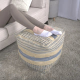 Western Handcrafted Fabric Pouf Durable Natural and Blue