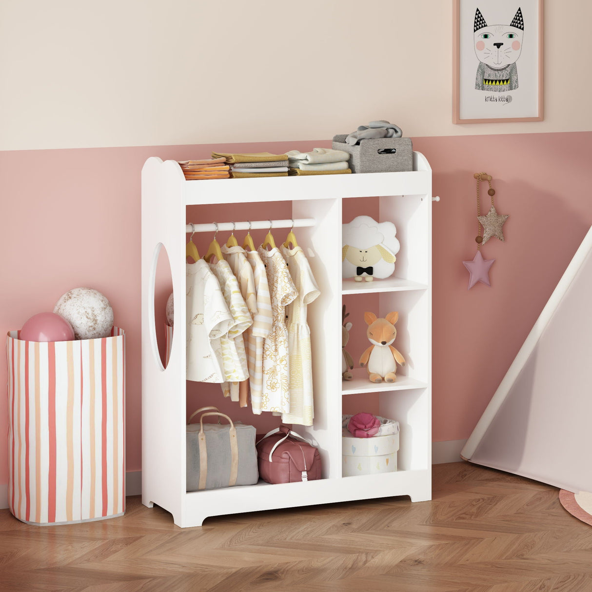 Dress Up Storage With Mirror And Hooks, Clothes Rack With Hanging Rod, 3 Side Hooks, Open Shelves, Top Shelf Organizer - White
