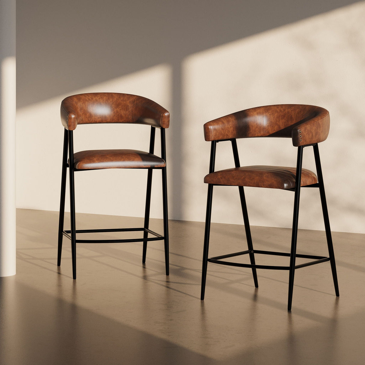 Counter Stools (Set of 2), Upholstered with Iron Frame in Brown
