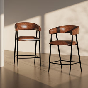 Counter Stools (Set of 2), Upholstered with Iron Frame in Brown