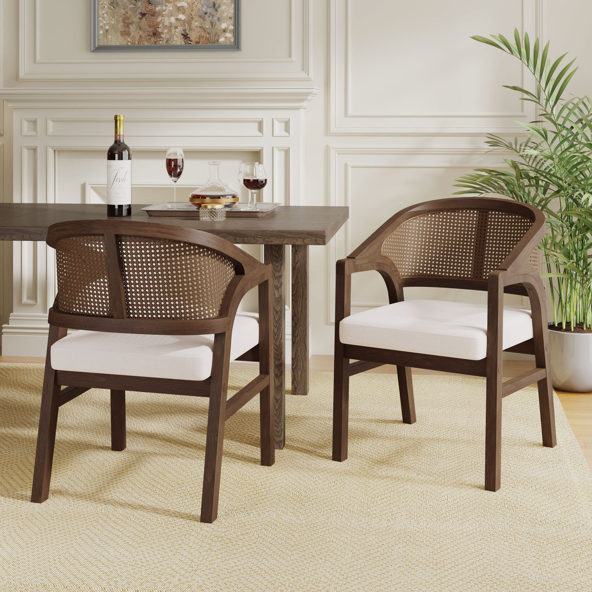 Wooden Frame Dining Chair with Rattan Back, Set of 2