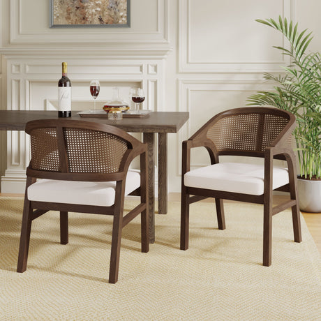 Wooden Frame Dining Chair with Rattan Back, Set of 2