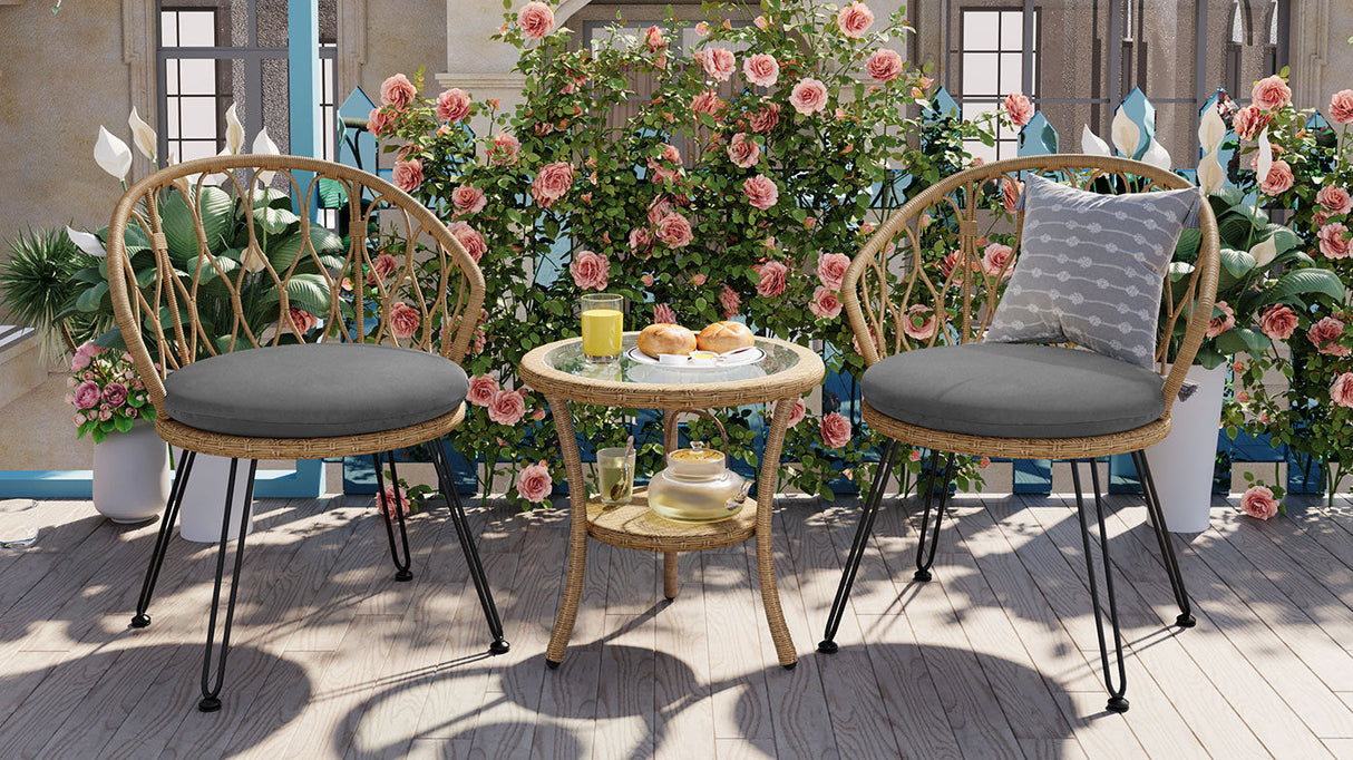 Outdoor Leisure Set with 2 Rattan Chairs & Glass Table