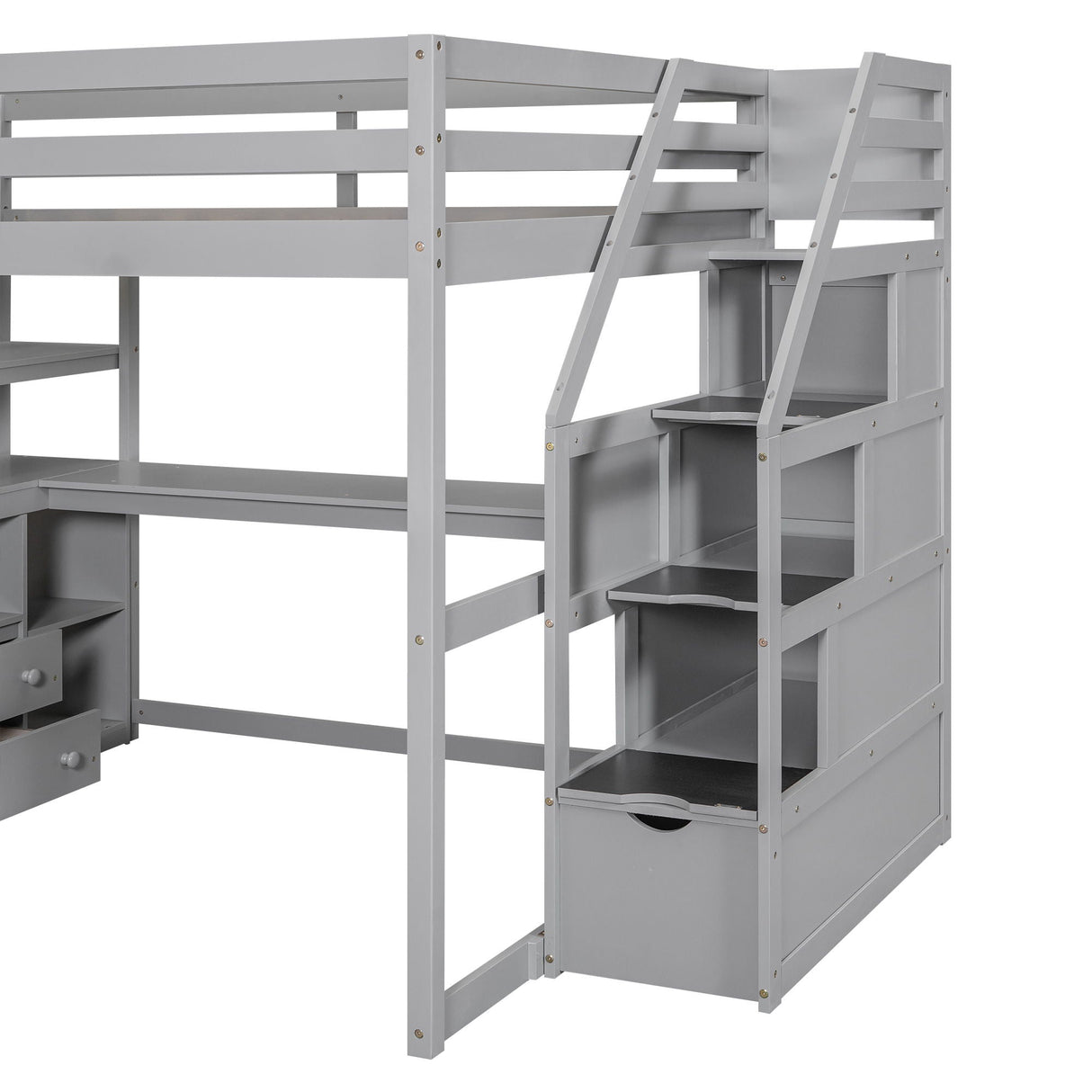 Loft Bed With Desk, Shelves, 2 Drawers, Storage Staircase