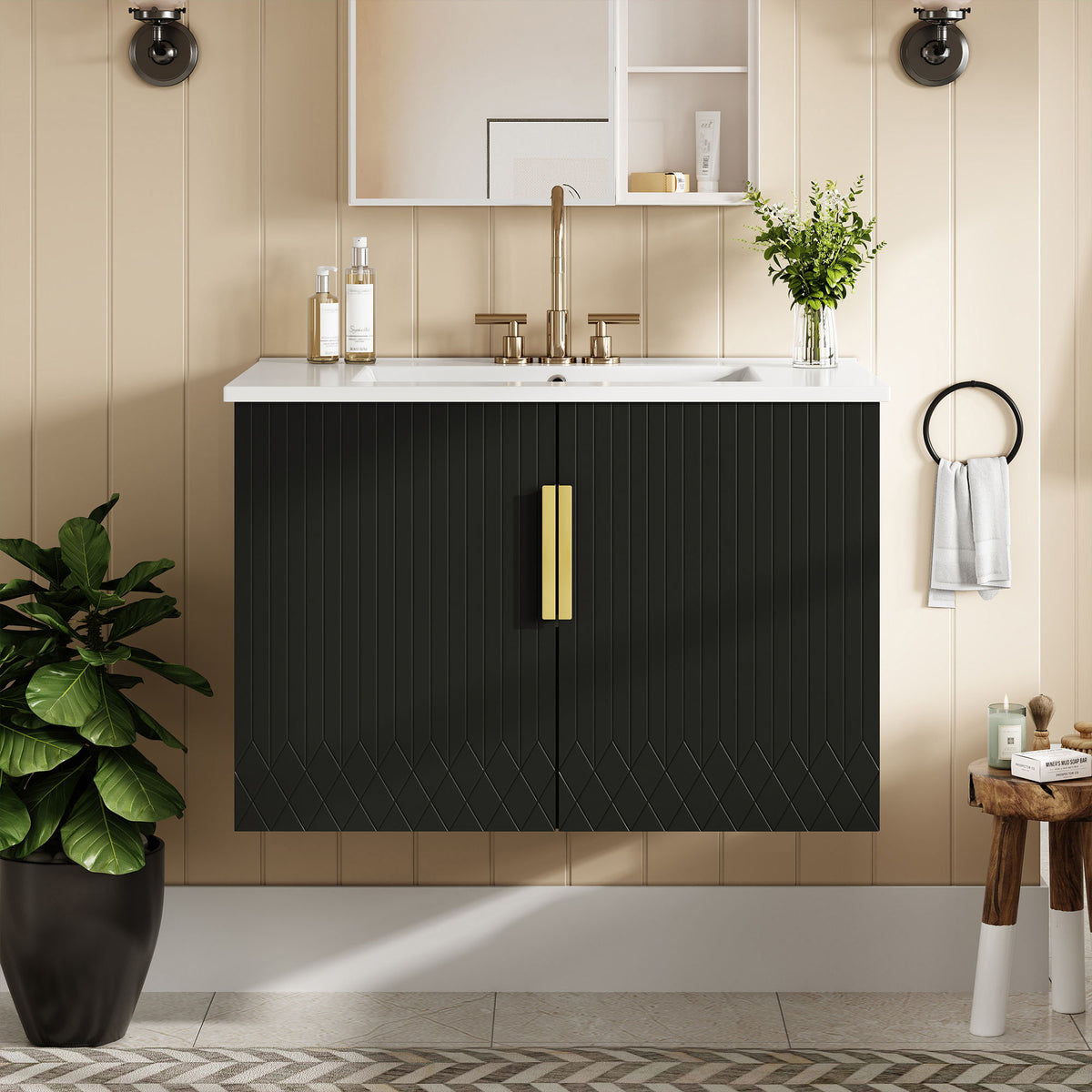 Modern Rectangular Bathroom Vanity With Sink and Soft-Close Storage - Black or White