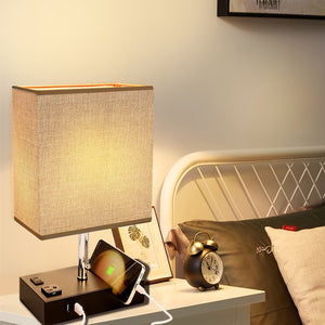 USB Table Lamp with AC Outlet – 3 Color Bedside Lamp with Fabric Shade & Bulb