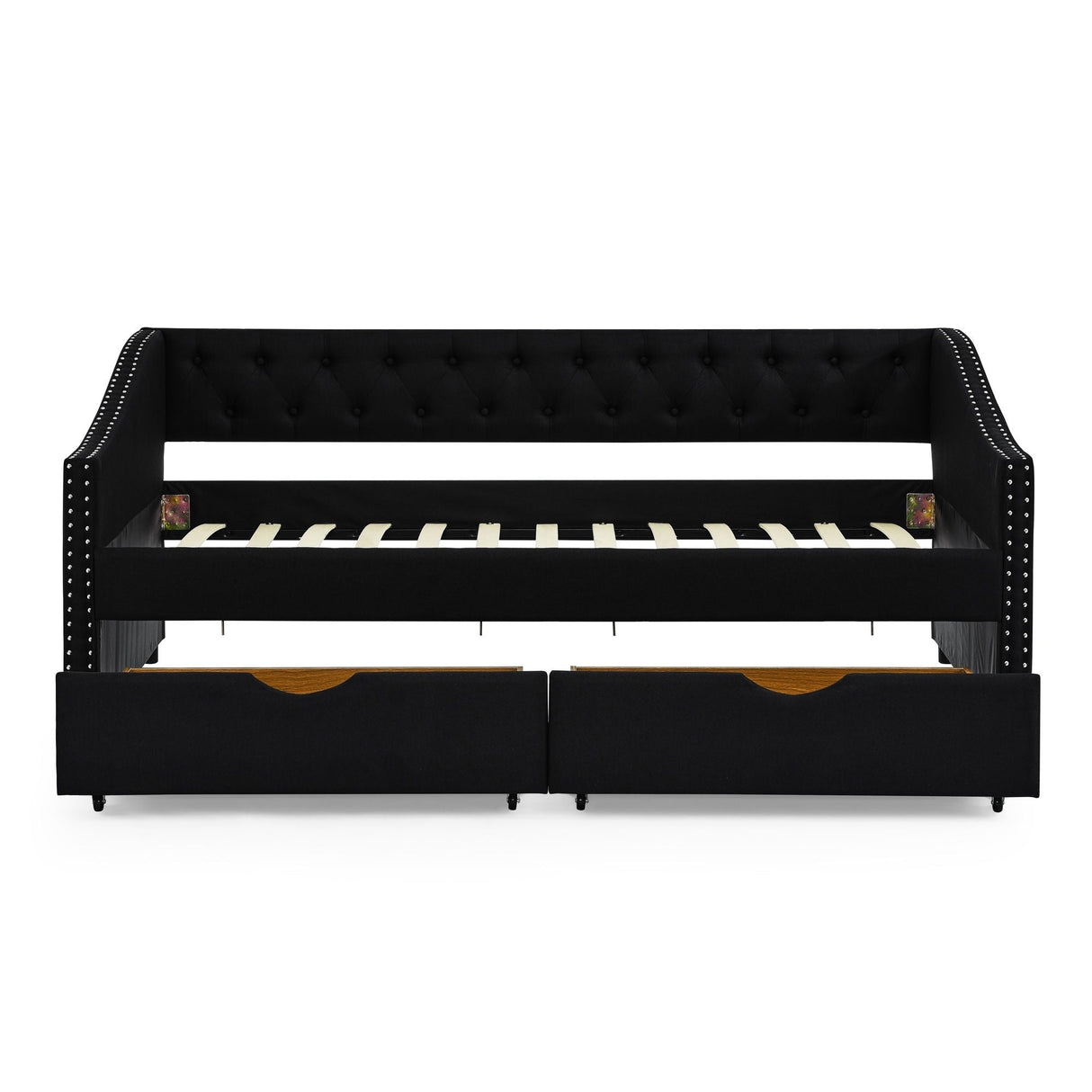 Upholstered Tufted Daybed With 2 Drawers, Waved Arms