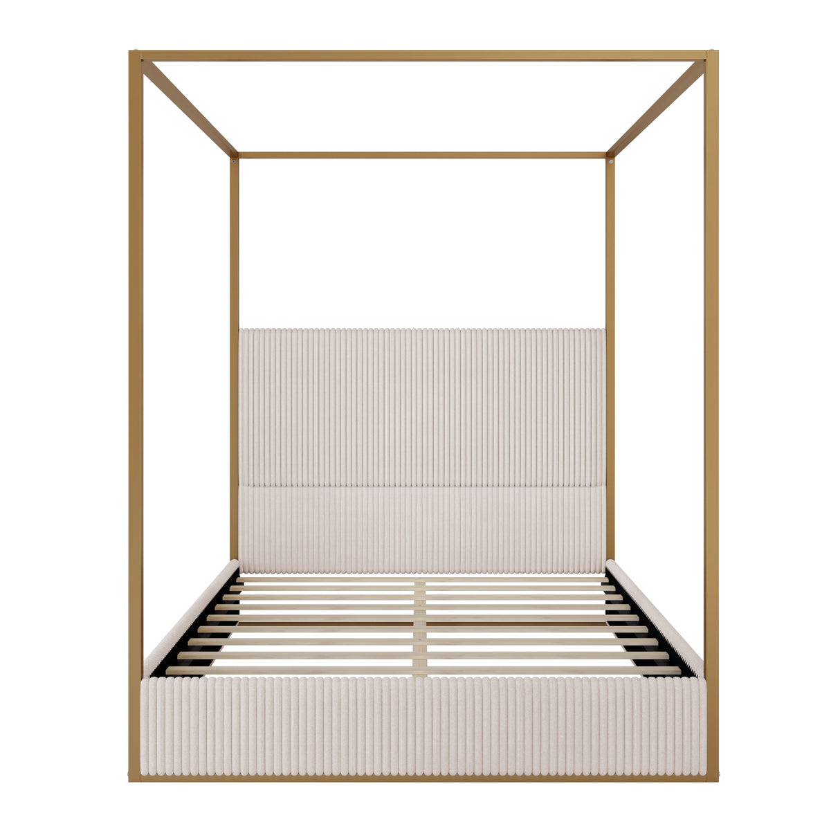 Plush Corduroy Tall Headboard Gold Canopy Bed Frame