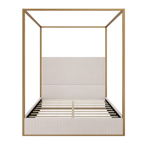 Plush Corduroy Tall Headboard Gold Canopy Bed Frame