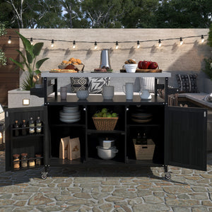 K&K Outdoor Kitchen Island with Rolling Bar Cart and Storage Cabinet