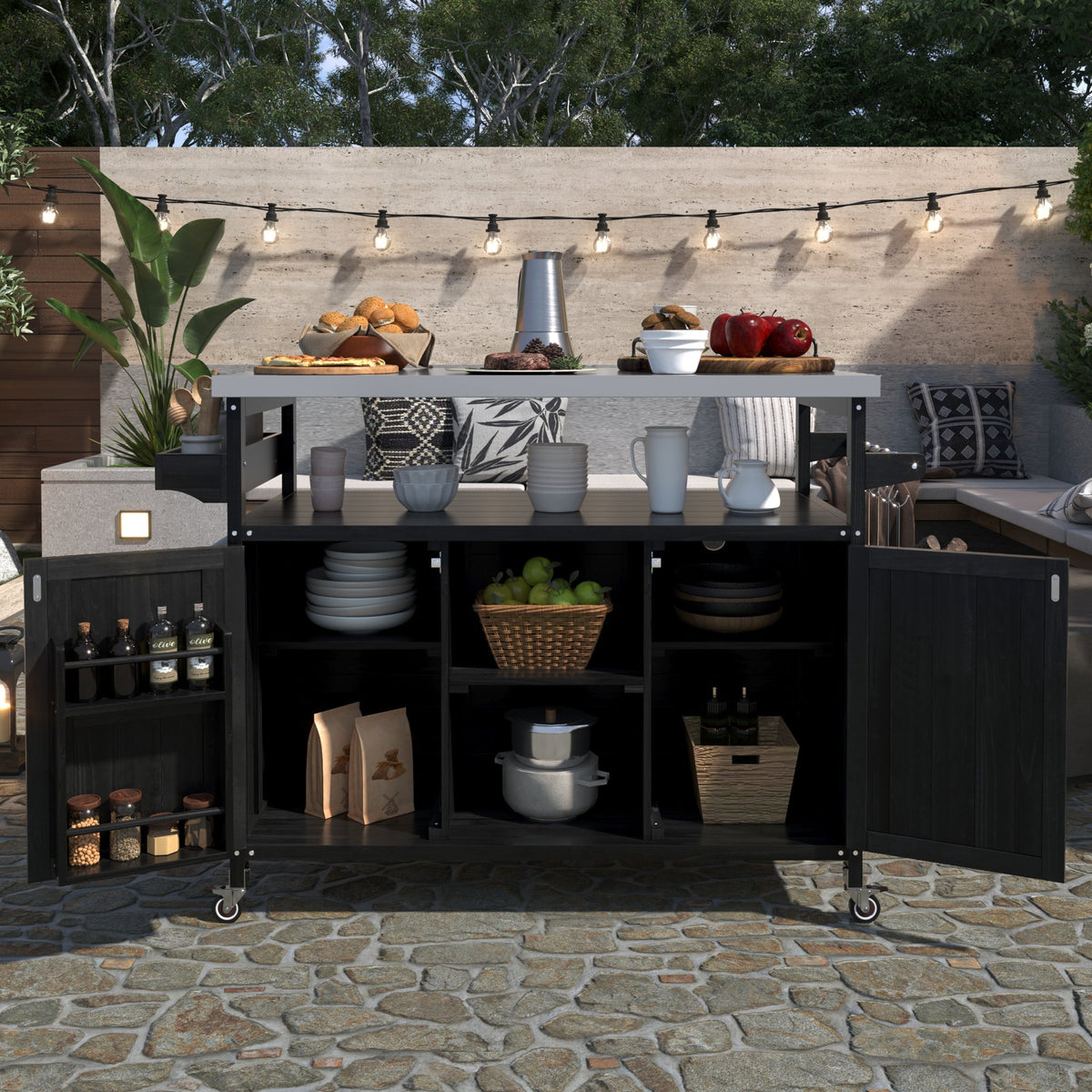 K&K Outdoor Kitchen Island with Rolling Bar Cart and Storage Cabinet