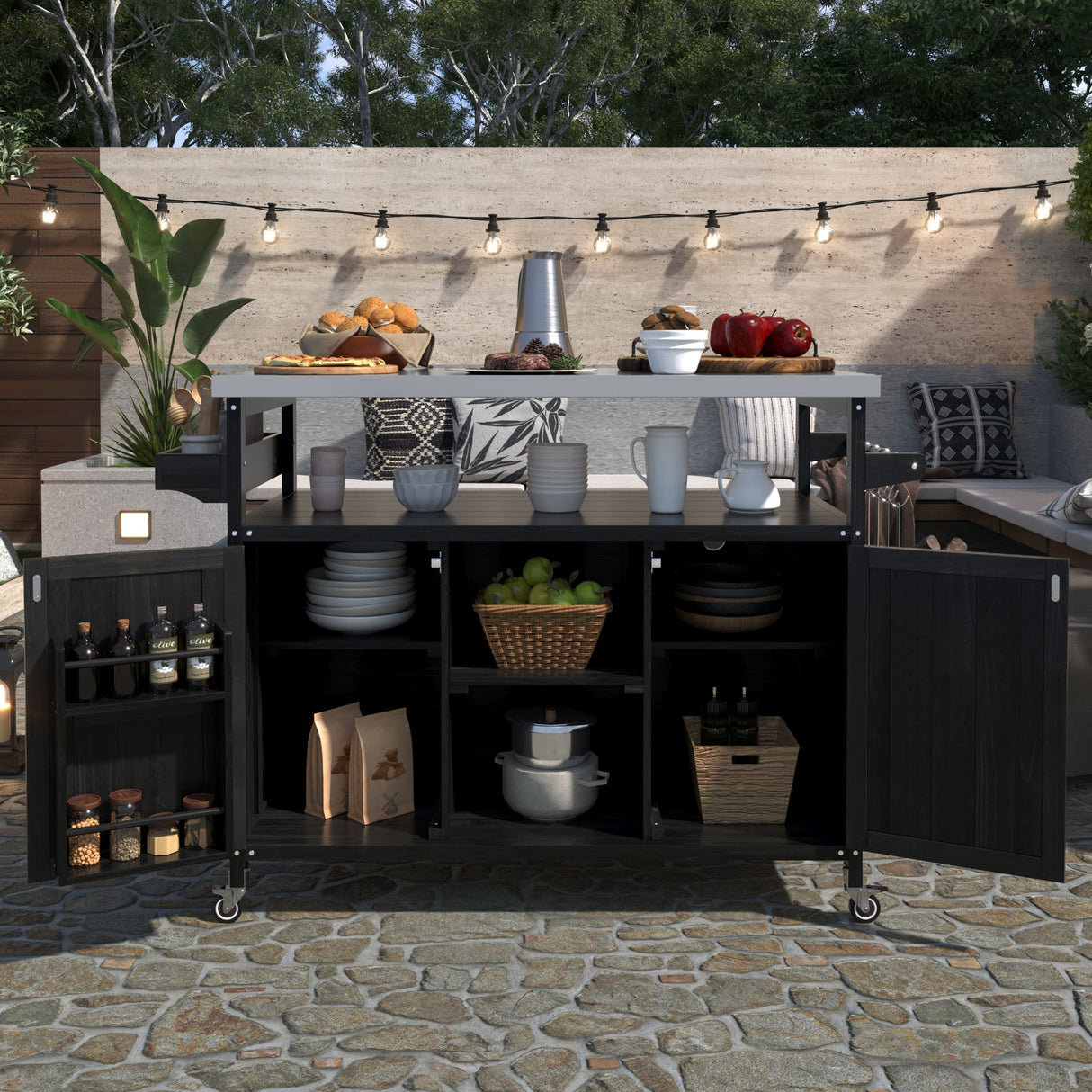 K&K Outdoor Kitchen Island with Rolling Bar Cart and Storage Cabinet