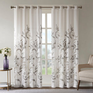 Burnout Printed Curtain Panel with Semi-Sheer Botanical Design - Grey