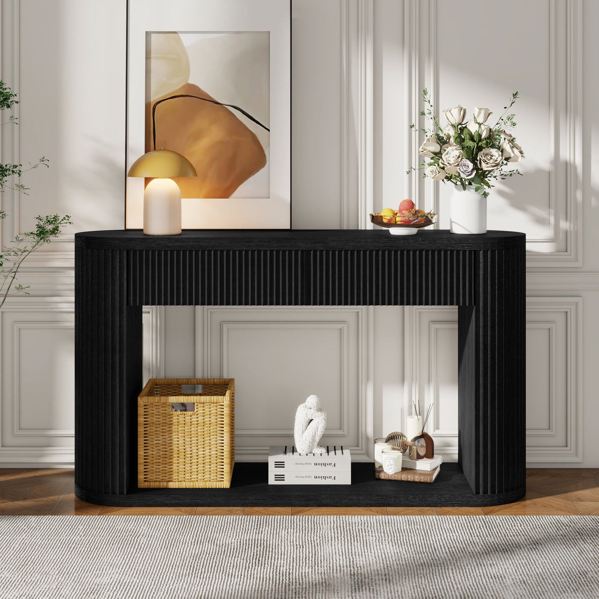 TREXM Oval Fluted Console Table with 2 Drawers and Bottom Shelf