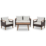 4 Piece PE Rattan Outdoor Sofa Set with Wood Table and Legs, Brown and Beige