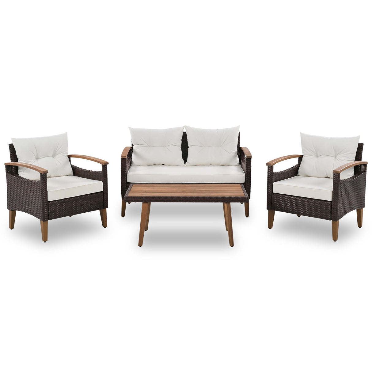 4 Piece PE Rattan Outdoor Sofa Set with Wood Table and Legs