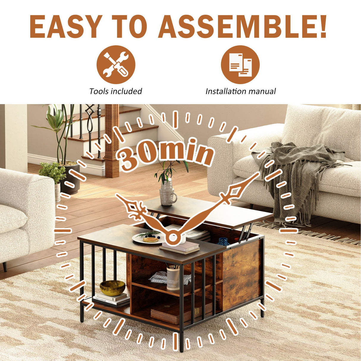 Flip-Top Coffee Table With Storage Lift-Top Design With Hidden Compartment - Black