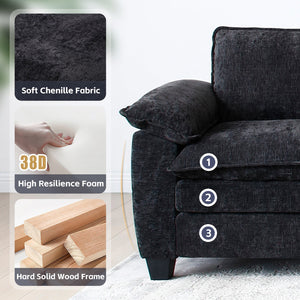 Living Room Furniture Big Loveseat Luxury Couch with Soft Chenille Upholstered Sofa Black