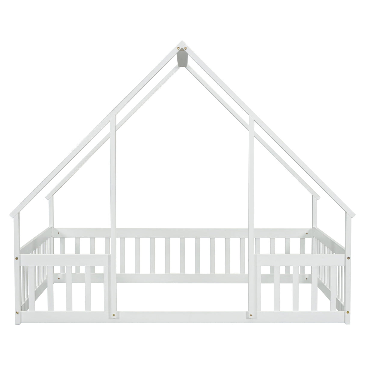 Wood House-Shaped Floor Bed With Fence, Guardrails