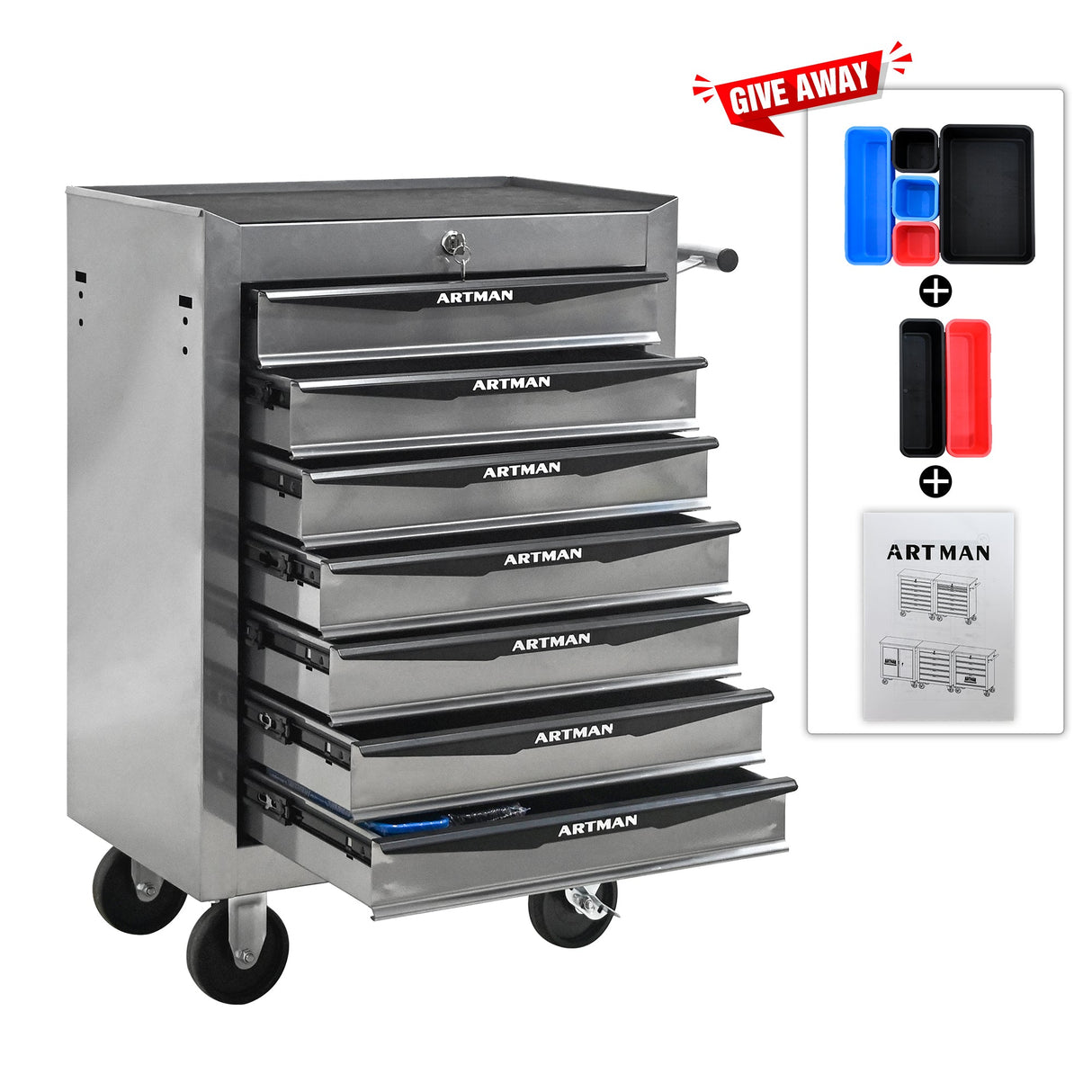 Rolling Metal Tool Chest with 7 Drawers, 20" Cabinet Silver