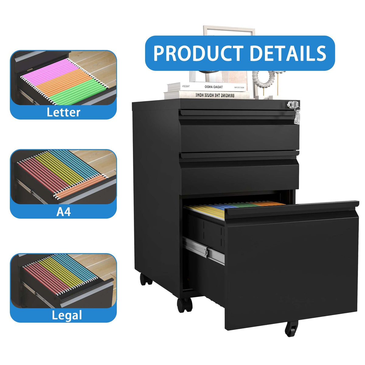 Metal Drawer Mobile File Cabinet With Lock For Home Office Organizer