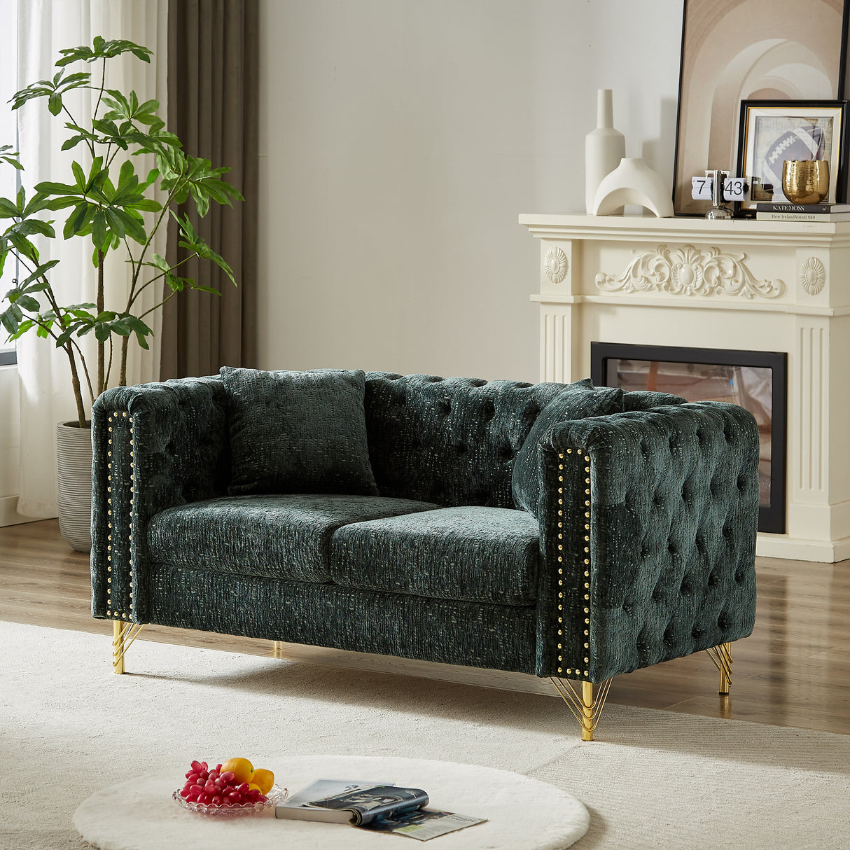 60-Inch Chenille Pull Buckle Design Sofa