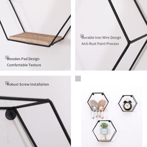 Wall Mounted Hexagonal Floating Shelves - Black (Set of 3) In Different Sizes, Modern Metal Wall Shelf, Simple Wood Partition Storage Shelves, Wall Decor Rack - Natural Wood