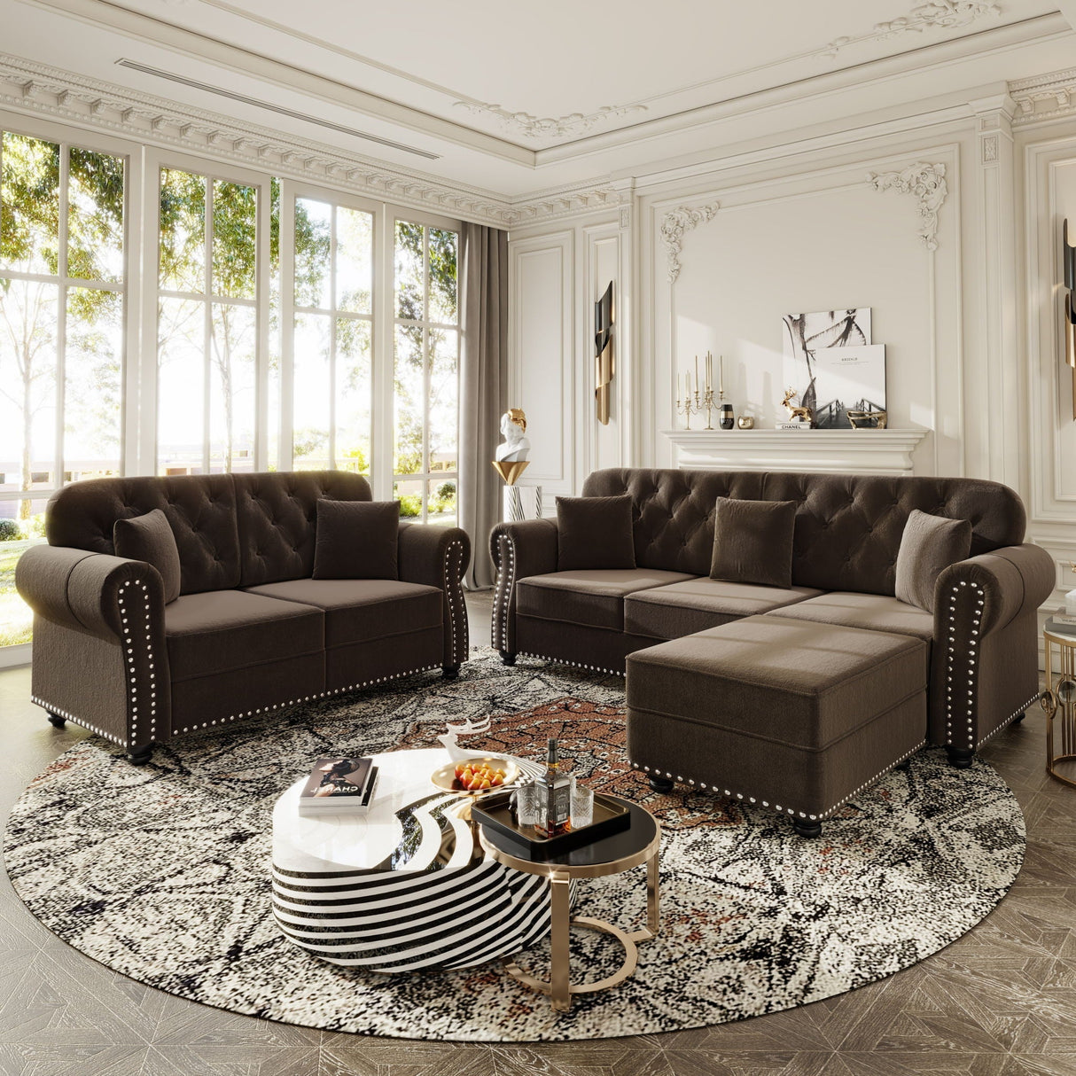 Upholstered Sofa Set With Nailhead Trim and Rolled Armrests, Includes Pillows