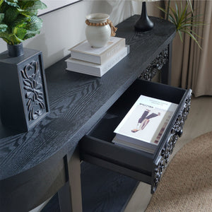 59.2in Black Carved Wooden Console Table with Lower Storage Shelf  Tow Drawers– Elegant Decorative Accent for Entryway, Living Room, and Hallway