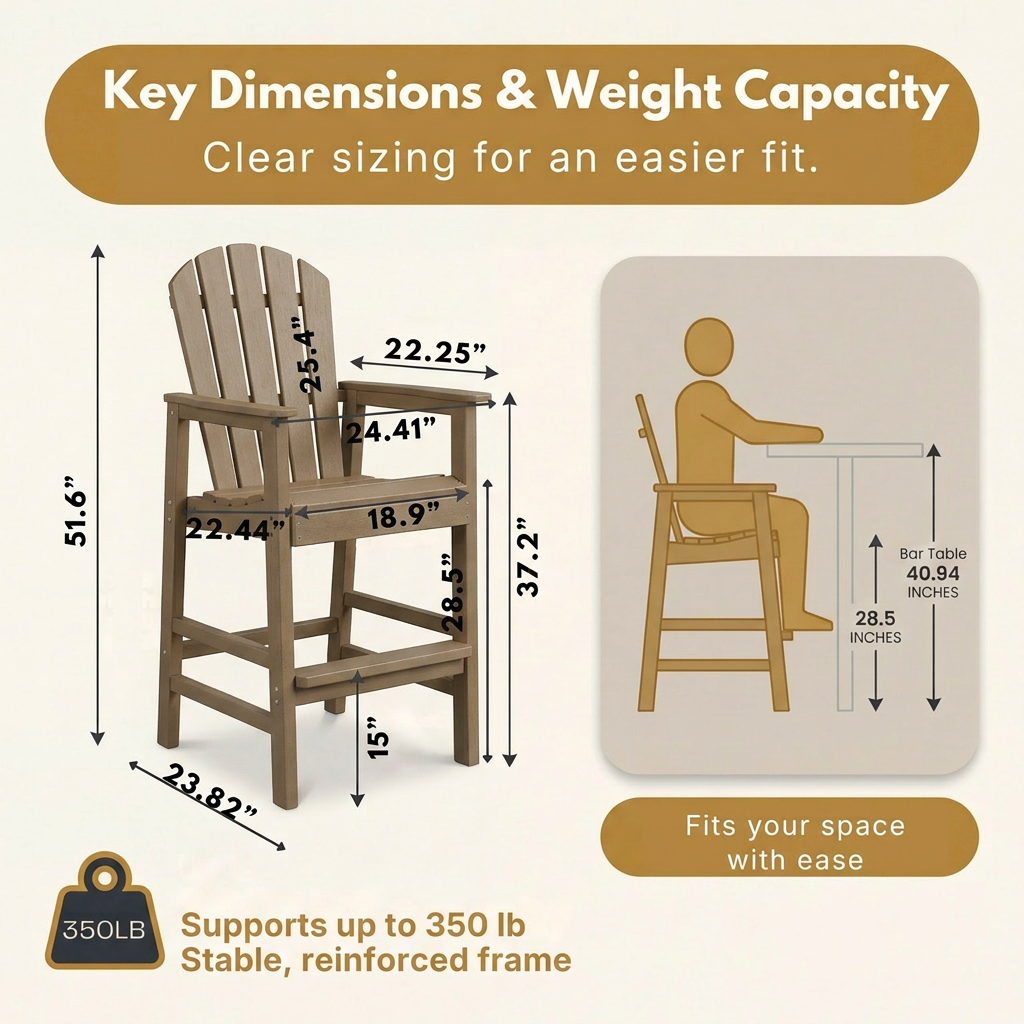 HDPE Bar Height Adirondack Chair with Cup Holder, All-Weather Outdoor Patio Chair