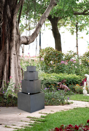 Cement 4 Tier Block Water Fountain with Modern Design - Gray