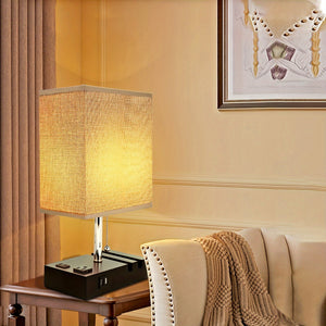 USB Table Lamp with AC Outlet – 3 Color Bedside Lamp with Fabric Shade & Bulb