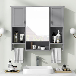 Wall Mounted Bathroom Storage Cabinet with Mirror and Towel Bar - Black, Dark Gray, or White
