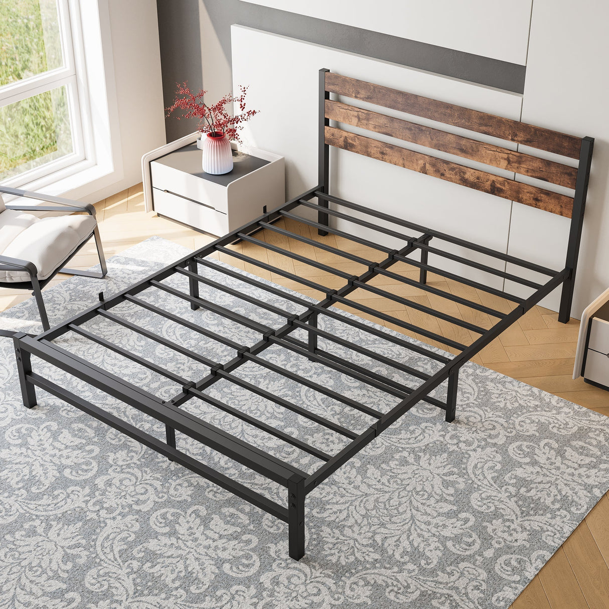 Industrial Metal & Wood Platform Bed Frame