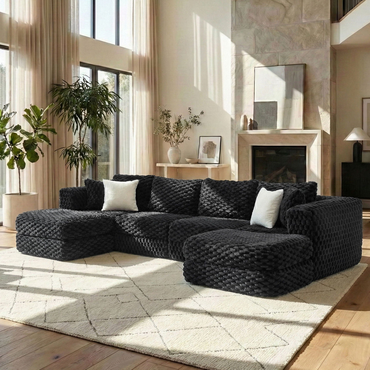 Modular Sectional Sofa, Boneless Couch With 2 Movable Ottomans