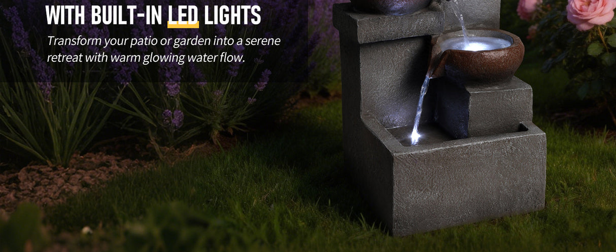 Outdoor Water Fountain Tiered Cascading Jar Waterfall Resin Garden Patio Decor with LED Lights
