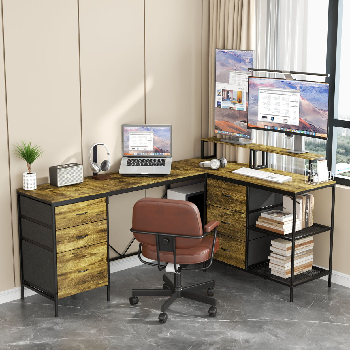 Industrial L Shaped Computer Desk With Power Outlets & USB-C, 6 Fabric Drawers, 3 Open Shelves, Movable Monitor Stands - Brown