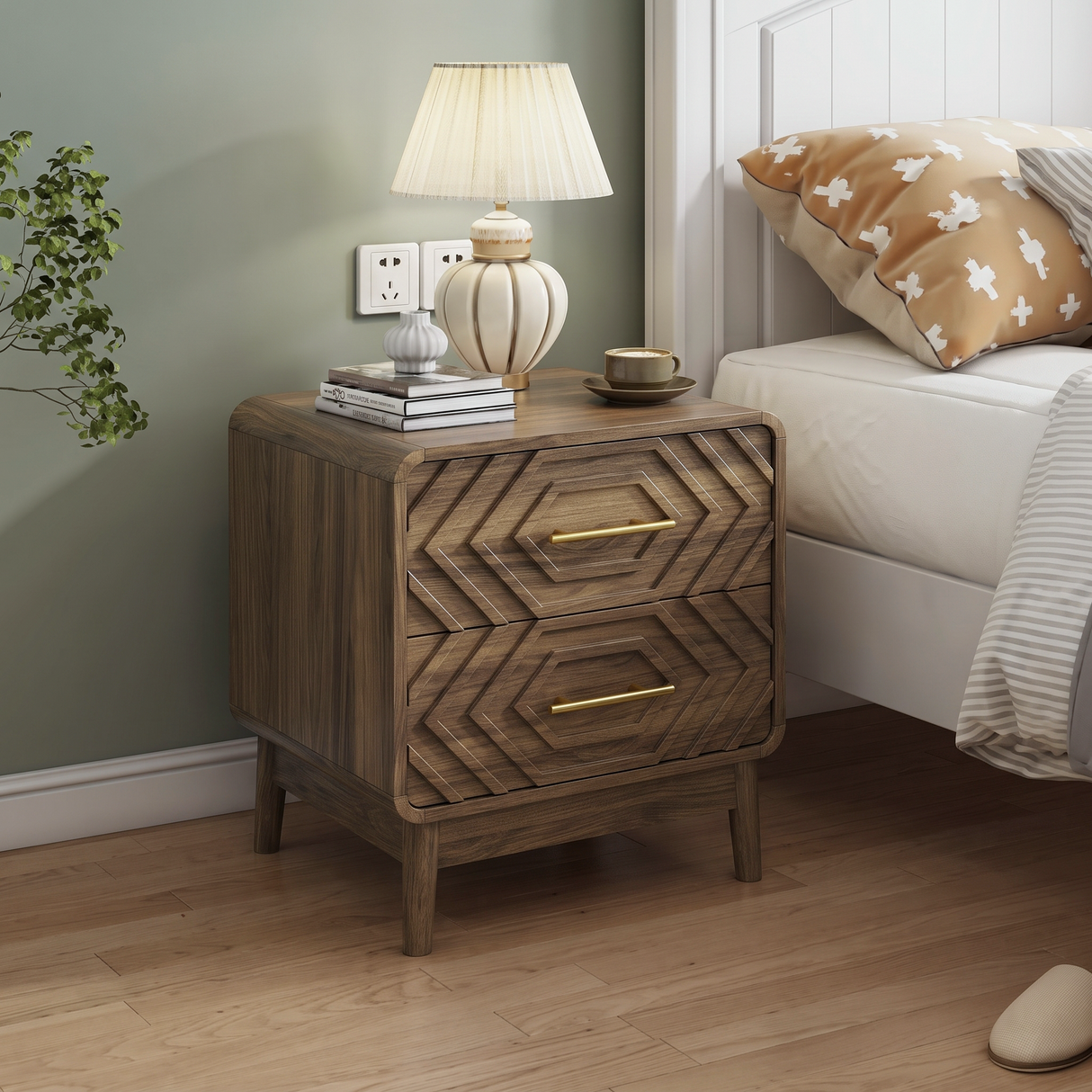 Walnut Wood Bedside Table with Double Drawers