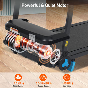 Folding Treadmills For Home Small, 3.0Hp Portable, 10Mph Walking Pad With Incline, Bluetooth, Heart Rate Sensors, Charge Station - Black