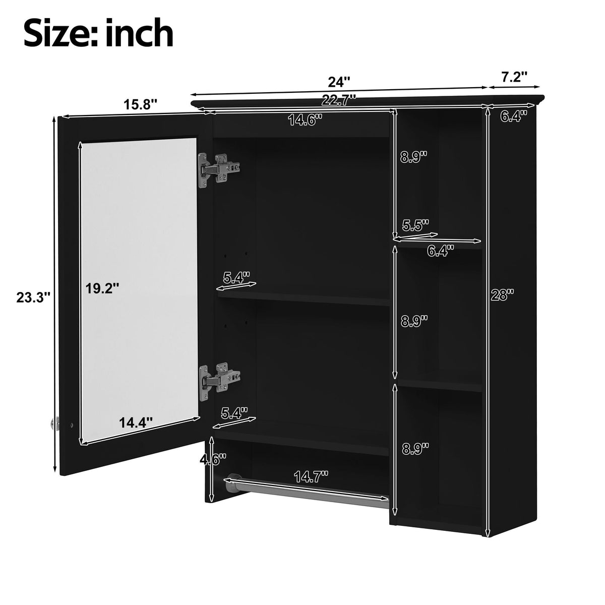 Modern 3 In 1 Bathroom Mirror Cabinet with Adjustable Shelf and Towel Bar - Black or White