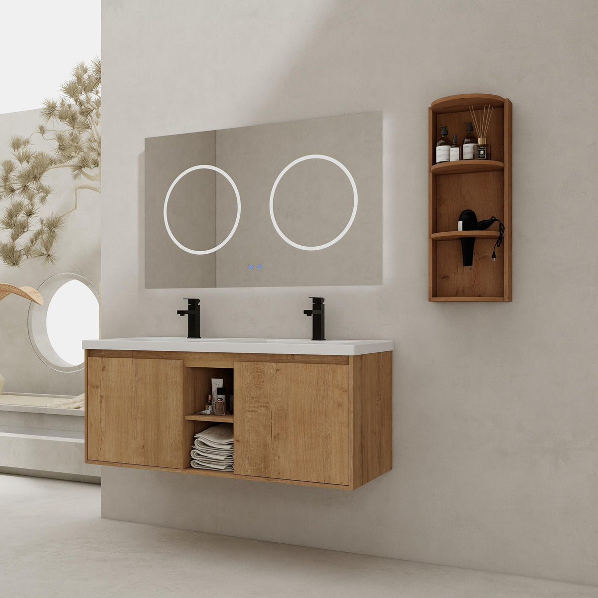 48" Wall Mounted Bathroom Vanity With Double Resin Sink And Storage Rack Soft Close Doors Plywood Construction - Imitative Oak