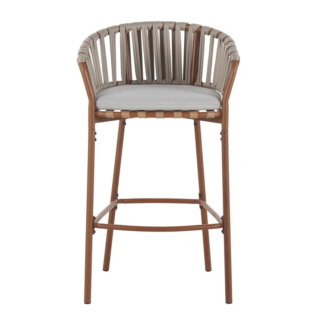 Lodi Outdoor Metal Rope Barstool, Teak Finished Frame and Beige Cushion, Set of 4