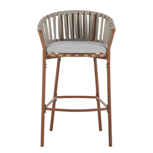 Lodi Outdoor Metal Rope Barstool, Teak Finished Frame and Beige Cushion, Set of 4