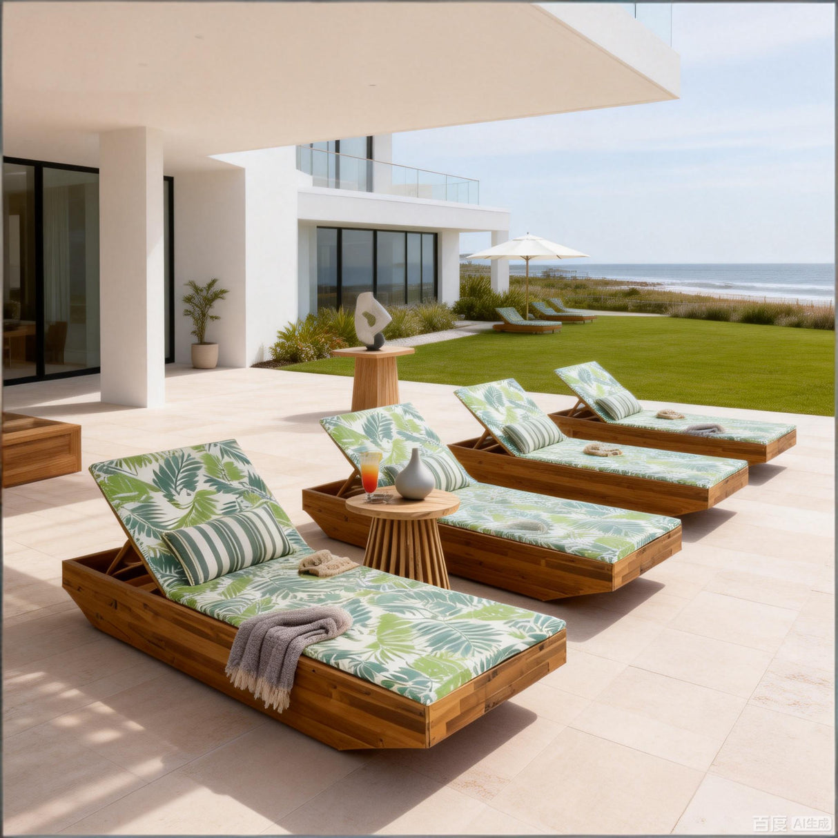 Acacia Wood Chaise Lounge with Teak Finish and Water-Repellent Cushion
